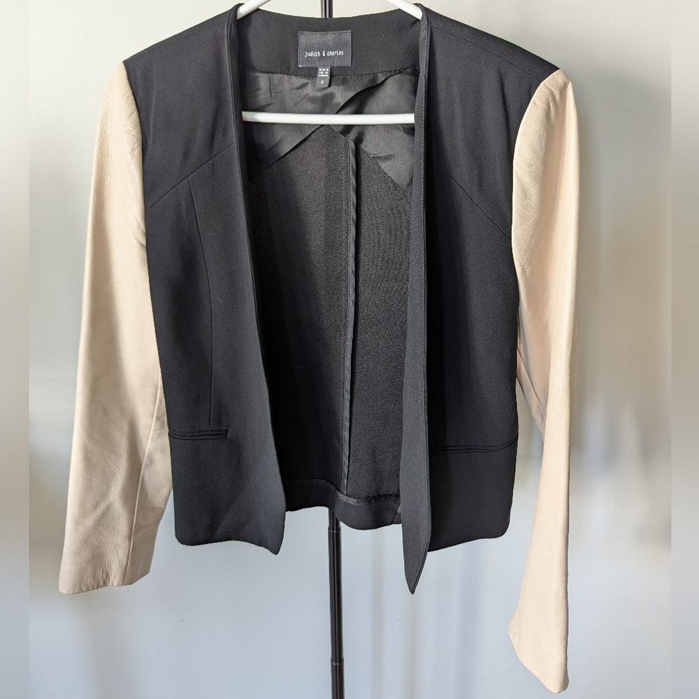 Judith & Charles Black & Cream Blazer with Color-Block Lambskin Leather Sleeves